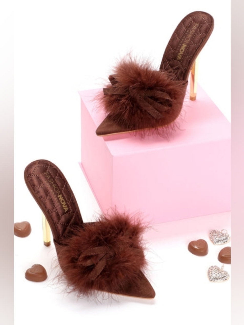 Fashion Nova Brown Feather Trim Pointed Mules